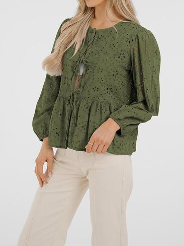 Fall Long Sleeve Shirts for Women 2025 Babydoll Eyelet Embroidered Bow Tie Button Cute Peplum Tops Blouses Dressy Casual in Saudi Arabia