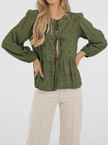 Fall Long Sleeve Shirts for Women 2025 Babydoll Eyelet Embroidered Bow Tie Button Cute Peplum Tops Blouses Dressy Casual in Saudi Arabia