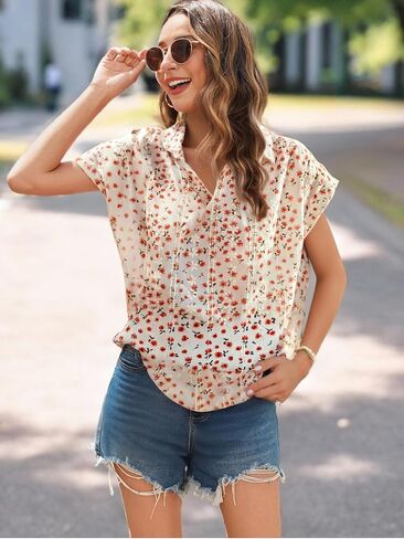 Floral Print V-Neck Blouse for Women, Casual Short Sleeve Lightweight Top, Loose Fit Blouse in Saudi Arabia