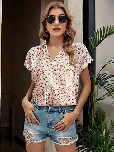 Floral Print V-Neck Blouse for Women, Casual Short Sleeve Lightweight Top, Loose Fit Blouse in Saudi Arabia