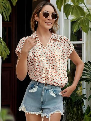Floral Print V-Neck Blouse for Women, Casual Short Sleeve Lightweight Top, Loose Fit Blouse in Saudi Arabia