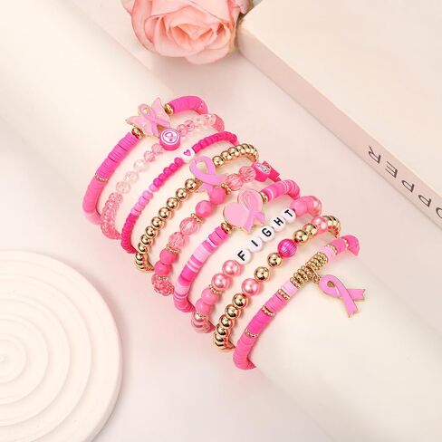 BVGA 3 Pack Breast Cancer Awareness Bracelets Pink Ribbon Beaded Bracelets Breast Cancer Survivor Gifts for Women Breast Cancer Awareness Jewelry Accessories in Saudi Arabia