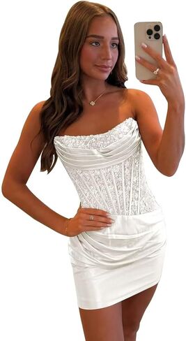HIFICA Lace Satin Homecoming Dresses 2025 Strapless Short Prom Dress for Teens Sequin Tight Cocktail Party Gown in Saudi Arabia