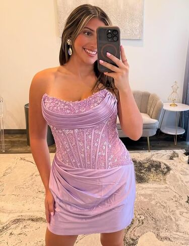 HIFICA Lace Satin Homecoming Dresses 2025 Strapless Short Prom Dress for Teens Sequin Tight Cocktail Party Gown in Saudi Arabia
