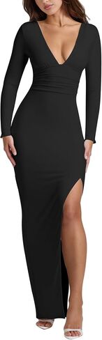Kaximil Women's Sexy Long Sleeve Deep V Neck Bodycon Maxi Dress Side Slit Wedding Guest Cocktail Long Dress in Saudi Arabia