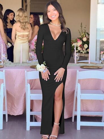 Kaximil Women's Sexy Long Sleeve Deep V Neck Bodycon Maxi Dress Side Slit Wedding Guest Cocktail Long Dress in Saudi Arabia