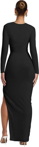 Kaximil Women's Sexy Long Sleeve Deep V Neck Bodycon Maxi Dress Side Slit Wedding Guest Cocktail Long Dress in Saudi Arabia