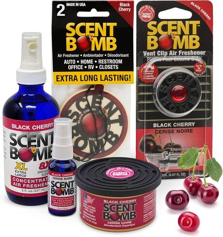 حزمة معطر هواء سينت بومب - بخاخات زجاجات 1 أونصة و8 أونصة، مشبك فتحة تهوية، علب عضوية، دائرة معلقة - نضارة مستمرة ومزيل رائحة يدوم طويلاً للسيارة والمنزل والحمام - الكرز الأسود in Kuwait