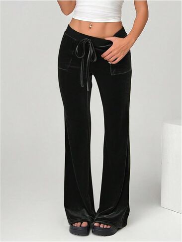 SOLY HUX Women's Drawstring Waist Bell Bottom Velvet Pants Y2k Vintage Flare Leg Trousers in Saudi Arabia