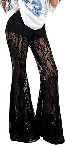 GORGLITTER Women's Floral Lace Sheer Bell Bottom Pants Sexy Flare Leg Mesh Long Pants in Saudi Arabia