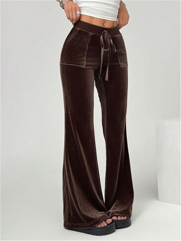 SOLY HUX Women's Drawstring Waist Bell Bottom Velvet Pants Y2k Vintage Flare Leg Trousers in Saudi Arabia