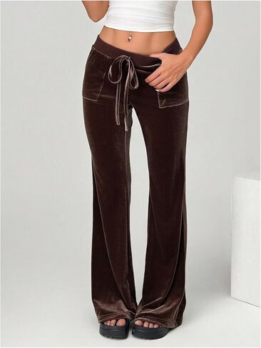 SOLY HUX Women's Drawstring Waist Bell Bottom Velvet Pants Y2k Vintage Flare Leg Trousers in Saudi Arabia