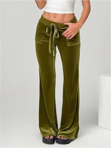 SOLY HUX Women's Drawstring Waist Bell Bottom Velvet Pants Y2k Vintage Flare Leg Trousers in Kuwait
