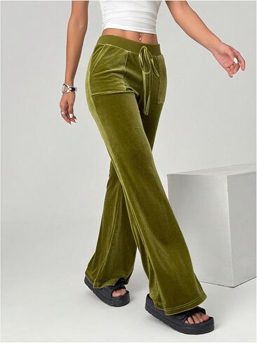 SOLY HUX Women's Drawstring Waist Bell Bottom Velvet Pants Y2k Vintage Flare Leg Trousers in Kuwait