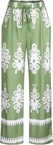 Women's Floral Wide-Leg Pants, Drawstring Waist Lounge Trousers, Boho Floral Pattern, Perfect for Beach Vacations in Saudi Arabia