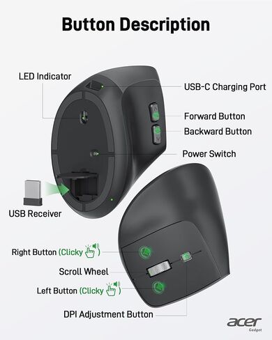 acer Wireless Mouse, 1200 DPI Computer Mouse Wireless with 2.4GHz USB A Receiver, 5 Buttons USB Mouse Compatible, PC, Laptop, Desktop (Black) in Kuwait