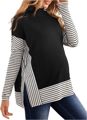MakeMeChic Women's Maternity Shirts Striped Long Sleeve Mock Neck Split Pregnancy Going Out Tops in Saudi Arabia