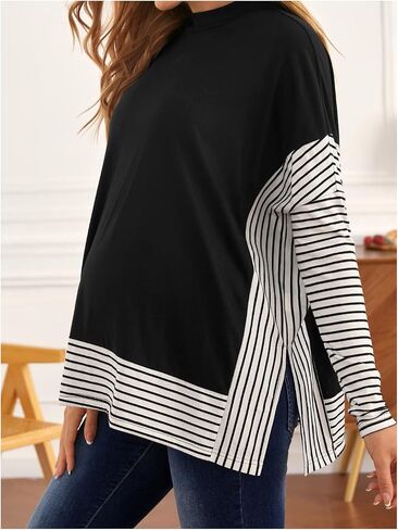 MakeMeChic Women's Maternity Shirts Striped Long Sleeve Mock Neck Split Pregnancy Going Out Tops in Saudi Arabia