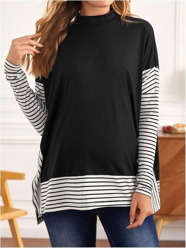 MakeMeChic Women's Maternity Shirts Striped Long Sleeve Mock Neck Split Pregnancy Going Out Tops in Saudi Arabia