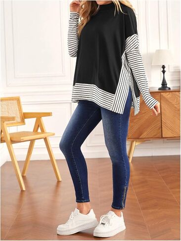MakeMeChic Women's Maternity Shirts Striped Long Sleeve Mock Neck Split Pregnancy Going Out Tops in Saudi Arabia
