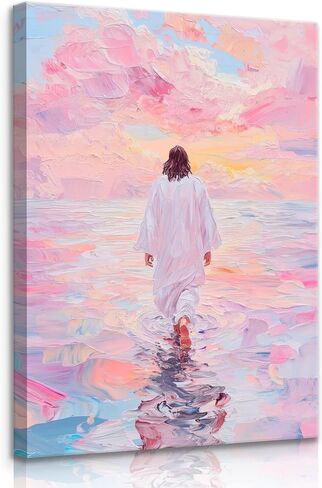 Jesus Canvas Wall Art Pink Jesus Walks on Water Canvas Paintings Prints Religious Savior Wall Decor Christian Bible Stories Poster printing Artwork for Living Room Bedroom Church Decoration 12x16in in Saudi Arabia