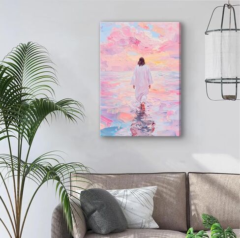 Jesus Canvas Wall Art Pink Jesus Walks on Water Canvas Paintings Prints Religious Savior Wall Decor Christian Bible Stories Poster printing Artwork for Living Room Bedroom Church Decoration 12x16in in Saudi Arabia