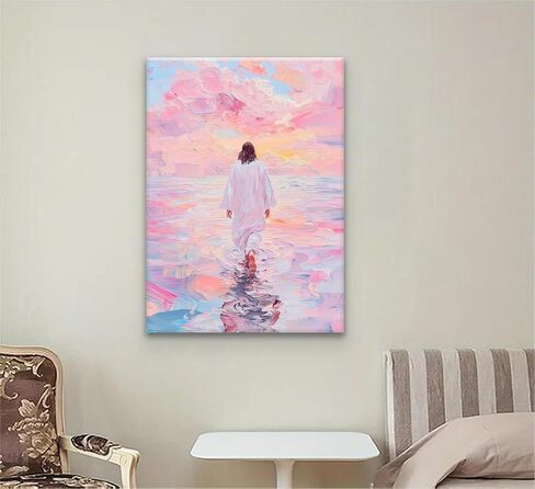 Jesus Canvas Wall Art Pink Jesus Walks on Water Canvas Paintings Prints Religious Savior Wall Decor Christian Bible Stories Poster printing Artwork for Living Room Bedroom Church Decoration 12x16in in Saudi Arabia