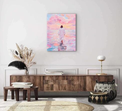 Jesus Canvas Wall Art Pink Jesus Walks on Water Canvas Paintings Prints Religious Savior Wall Decor Christian Bible Stories Poster printing Artwork for Living Room Bedroom Church Decoration 12x16in in Saudi Arabia