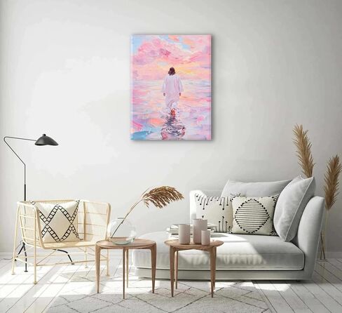 Jesus Canvas Wall Art Pink Jesus Walks on Water Canvas Paintings Prints Religious Savior Wall Decor Christian Bible Stories Poster printing Artwork for Living Room Bedroom Church Decoration 12x16in in Saudi Arabia