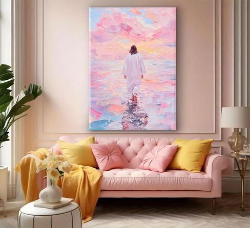 Jesus Canvas Wall Art Pink Jesus Walks on Water Canvas Paintings Prints Religious Savior Wall Decor Christian Bible Stories Poster printing Artwork for Living Room Bedroom Church Decoration 12x16in in Saudi Arabia