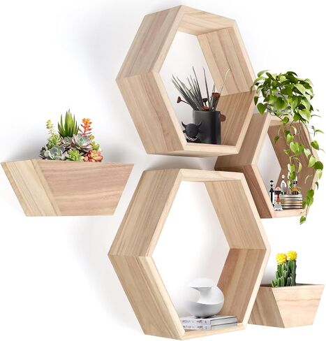 Wooden Hexagon Floating Shelves Set of 5 Wall Mounted Honeycomb Shelf octogone shelve Geometric Shaped Organizer for Living Room Bathroom Bedroom Guest Room Decor Accessories nartural in Saudi Arabia
