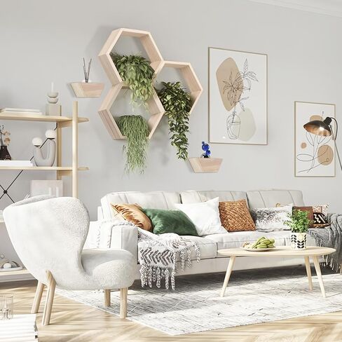 Wooden Hexagon Floating Shelves Set of 5 Wall Mounted Honeycomb Shelf octogone shelve Geometric Shaped Organizer for Living Room Bathroom Bedroom Guest Room Decor Accessories nartural in Saudi Arabia