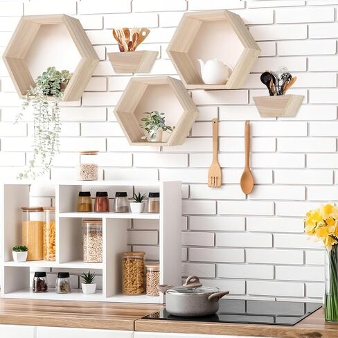 Wooden Hexagon Floating Shelves Set of 5 Wall Mounted Honeycomb Shelf octogone shelve Geometric Shaped Organizer for Living Room Bathroom Bedroom Guest Room Decor Accessories nartural in Saudi Arabia