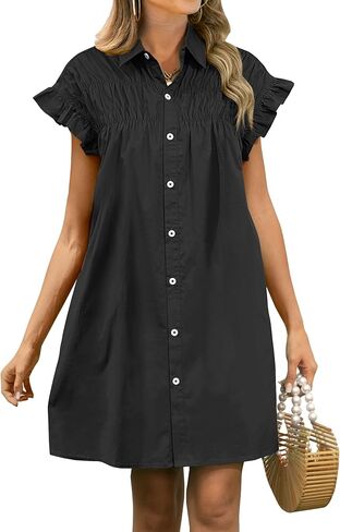 ANRABESS Womens Summer Button Down Shirt Dress Ruffle Short Sleeve Mini Dresses Loose Fit Casual Sundress with Pockets in Saudi Arabia