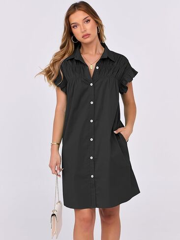 ANRABESS Womens Summer Button Down Shirt Dress Ruffle Short Sleeve Mini Dresses Loose Fit Casual Sundress with Pockets in Saudi Arabia