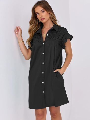 ANRABESS Womens Summer Button Down Shirt Dress Ruffle Short Sleeve Mini Dresses Loose Fit Casual Sundress with Pockets in Saudi Arabia