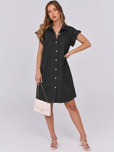 ANRABESS Womens Summer Button Down Shirt Dress Ruffle Short Sleeve Mini Dresses Loose Fit Casual Sundress with Pockets in Saudi Arabia