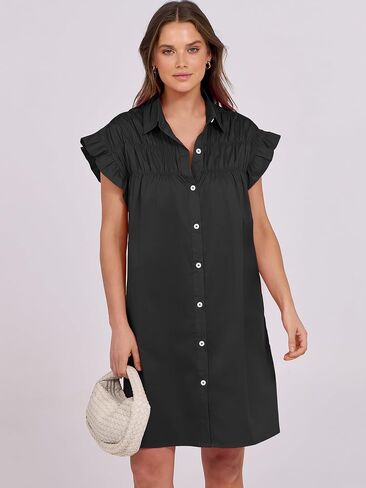 ANRABESS Womens Summer Button Down Shirt Dress Ruffle Short Sleeve Mini Dresses Loose Fit Casual Sundress with Pockets in Saudi Arabia