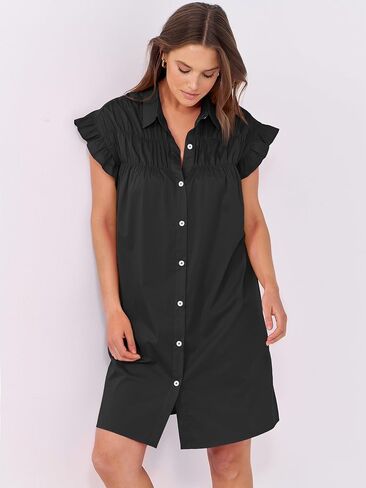 ANRABESS Womens Summer Button Down Shirt Dress Ruffle Short Sleeve Mini Dresses Loose Fit Casual Sundress with Pockets in Saudi Arabia