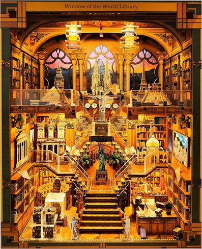 Book Nook Kit for Adults and Teens, 3D Puzzle Booknook Bookshelf Decor with LED Light, Dual Power Options (Battery/Type-C), Perfect Miniature Dollhouse Gift (Global Library) in Kuwait