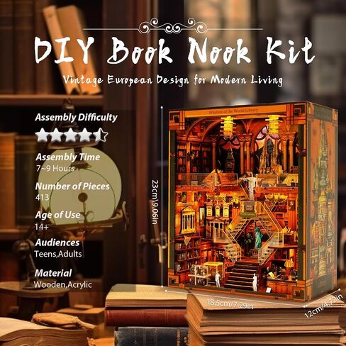 Book Nook Kit for Adults and Teens, 3D Puzzle Booknook Bookshelf Decor with LED Light, Dual Power Options (Battery/Type-C), Perfect Miniature Dollhouse Gift (Global Library) in Kuwait