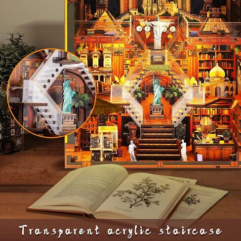 Book Nook Kit for Adults and Teens, 3D Puzzle Booknook Bookshelf Decor with LED Light, Dual Power Options (Battery/Type-C), Perfect Miniature Dollhouse Gift (Global Library) in Kuwait