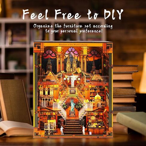 Book Nook Kit for Adults and Teens, 3D Puzzle Booknook Bookshelf Decor with LED Light, Dual Power Options (Battery/Type-C), Perfect Miniature Dollhouse Gift (Global Library) in Kuwait