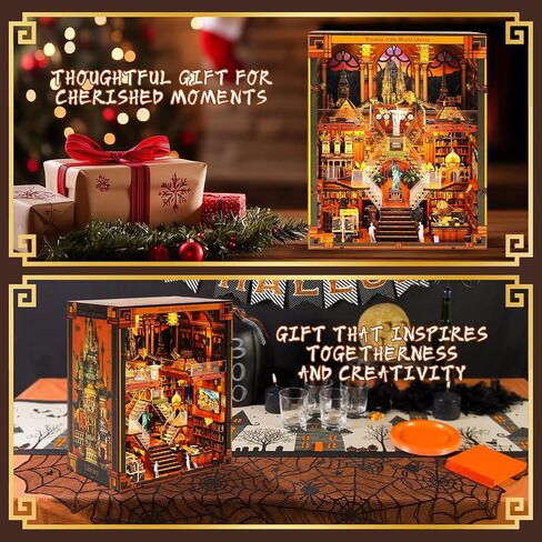 Book Nook Kit for Adults and Teens, 3D Puzzle Booknook Bookshelf Decor with LED Light, Dual Power Options (Battery/Type-C), Perfect Miniature Dollhouse Gift (Global Library) in Kuwait