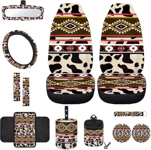 Wanyint Aztec Cow Print Brown Teal 12 Pcs Front Car Seat Cover Set with Bucket Seat Cover Steering Wheel Cover Seat Belt Pad Armrest Cover Coaster Trash Bag Air Vent Bag Rearview Mirror Cover Keychain in Kuwait