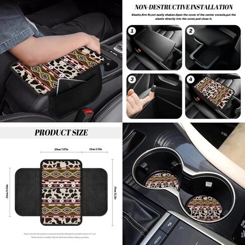 Wanyint Aztec Cow Print Brown Teal 12 Pcs Front Car Seat Cover Set with Bucket Seat Cover Steering Wheel Cover Seat Belt Pad Armrest Cover Coaster Trash Bag Air Vent Bag Rearview Mirror Cover Keychain in Kuwait