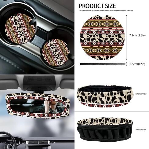 Wanyint Aztec Cow Print Brown Teal 12 Pcs Front Car Seat Cover Set with Bucket Seat Cover Steering Wheel Cover Seat Belt Pad Armrest Cover Coaster Trash Bag Air Vent Bag Rearview Mirror Cover Keychain in Kuwait