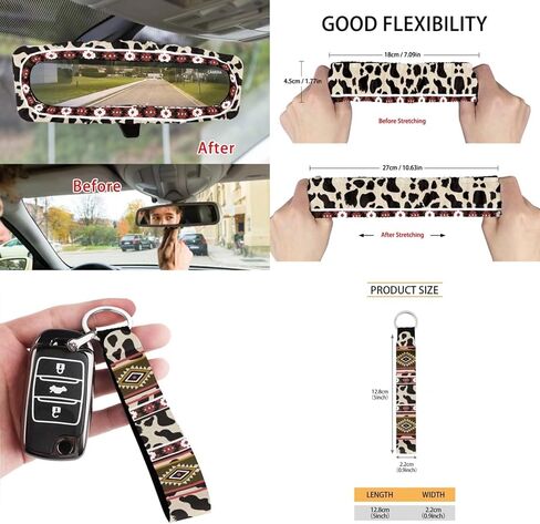 Wanyint Aztec Cow Print Brown Teal 12 Pcs Front Car Seat Cover Set with Bucket Seat Cover Steering Wheel Cover Seat Belt Pad Armrest Cover Coaster Trash Bag Air Vent Bag Rearview Mirror Cover Keychain in Kuwait