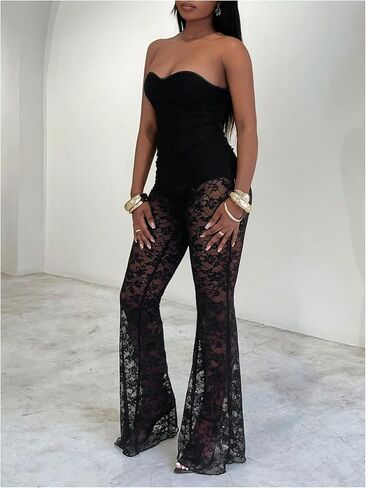 سروال نسائي من MakeMeChic مزين بالدانتيل مزهّر بأرجل واسعة Y2K مع عقدة على شكل فيونكة شفافة وخصر منخفض وبنطلون سفلي in Kuwait