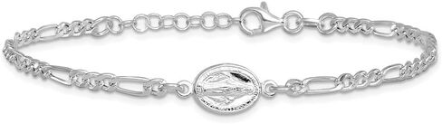 925 Sterling Silver Rhodium-plated Miraculous Medal with 1"" ext. Figaro Chain Bracelet for Women 8.25"", White, AFJ-QG-QG6560-7.25-MP in Saudi Arabia